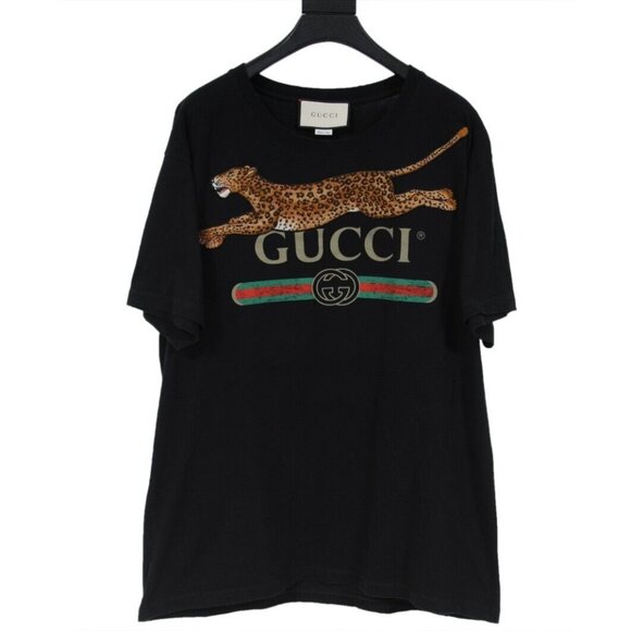 Gucci Mens Embroidered Leopard Logo T Shirt Medium Black Cotton Short Sleeve - Picture 1 of 11
